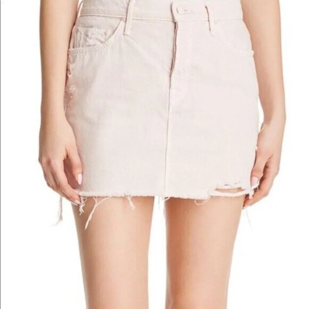 Mother Vagabond Denim Mini Fray Skirt The Devil Drinks Coffee Pink 24
